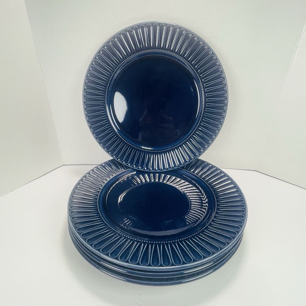 Set of 4 IKEA Strimmig Cobalt Navy Blue Ribbed Rim 10.5” Dinner Plates 12011